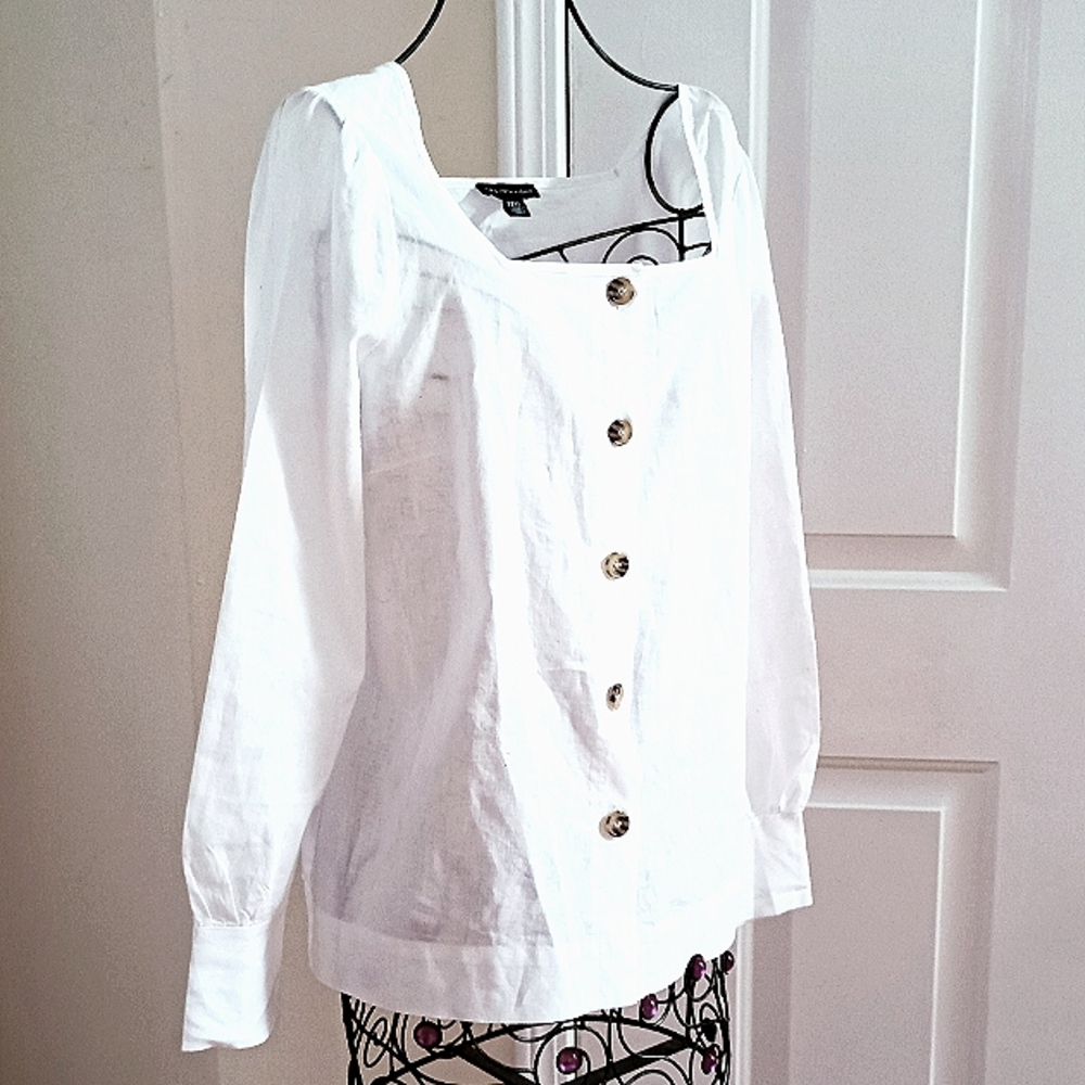 NEW SAKS FIFTH AVENUE Exclusivity Linen Blend Blouse Shirt Squareneck sz S White - Picture 4 of 15